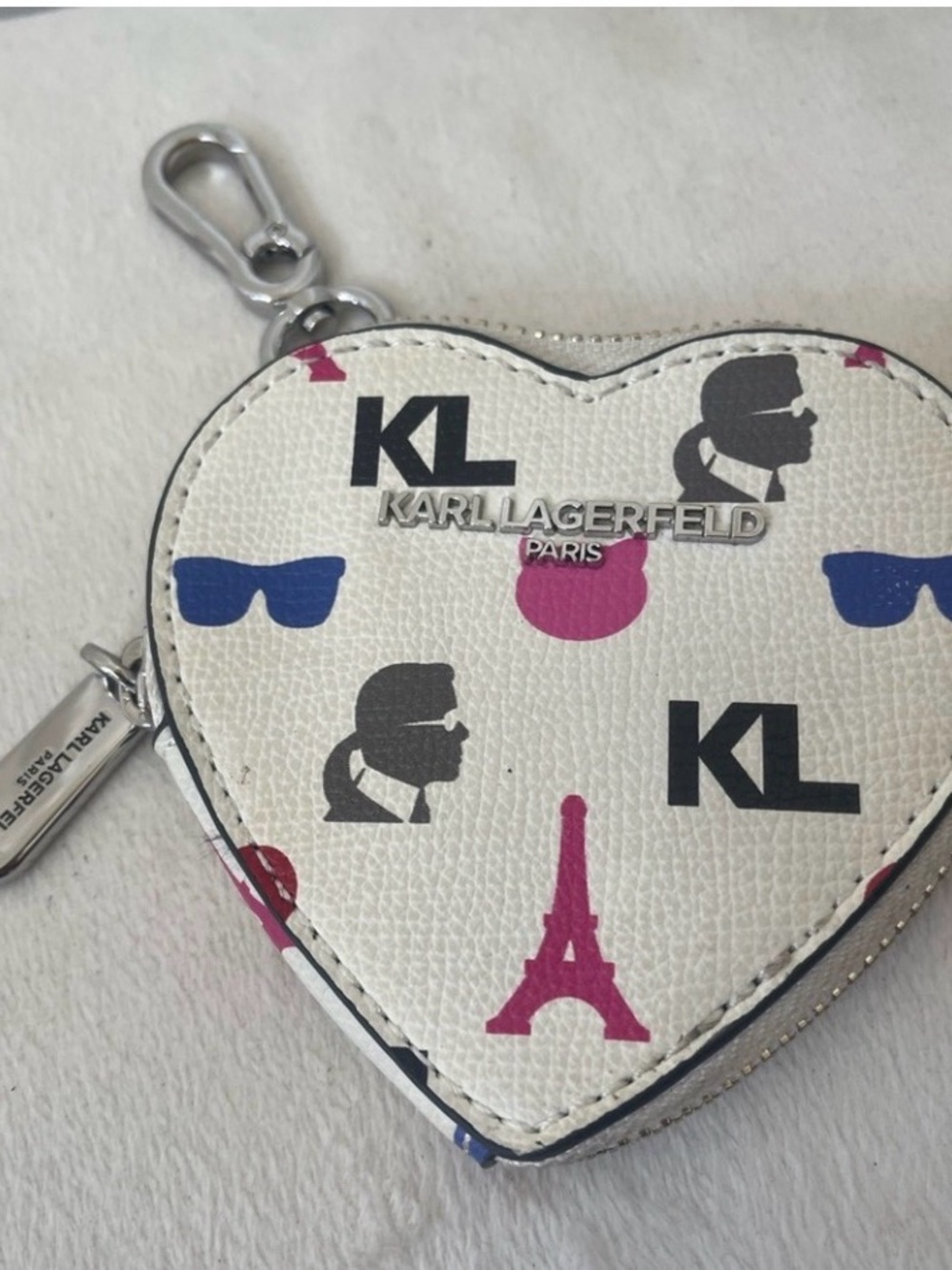 Karl Lagerfeld White Heart Coin Pouch with Pink & Blue Accents
